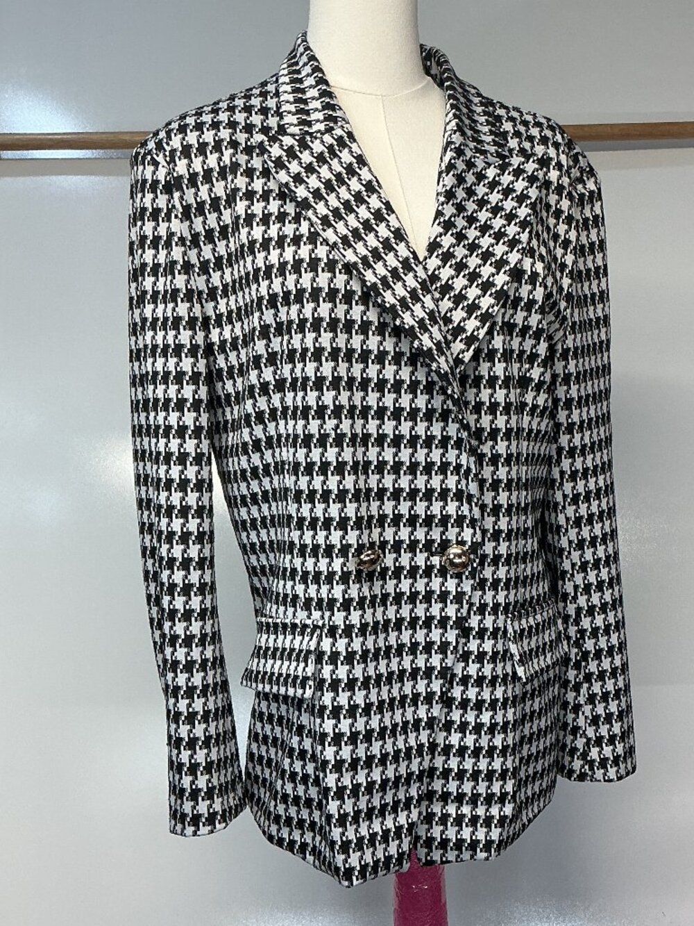 Attitude Unknown L Black White Houndstooth Double Breasted Blazer Gold Buttons - Picture 4 of 16